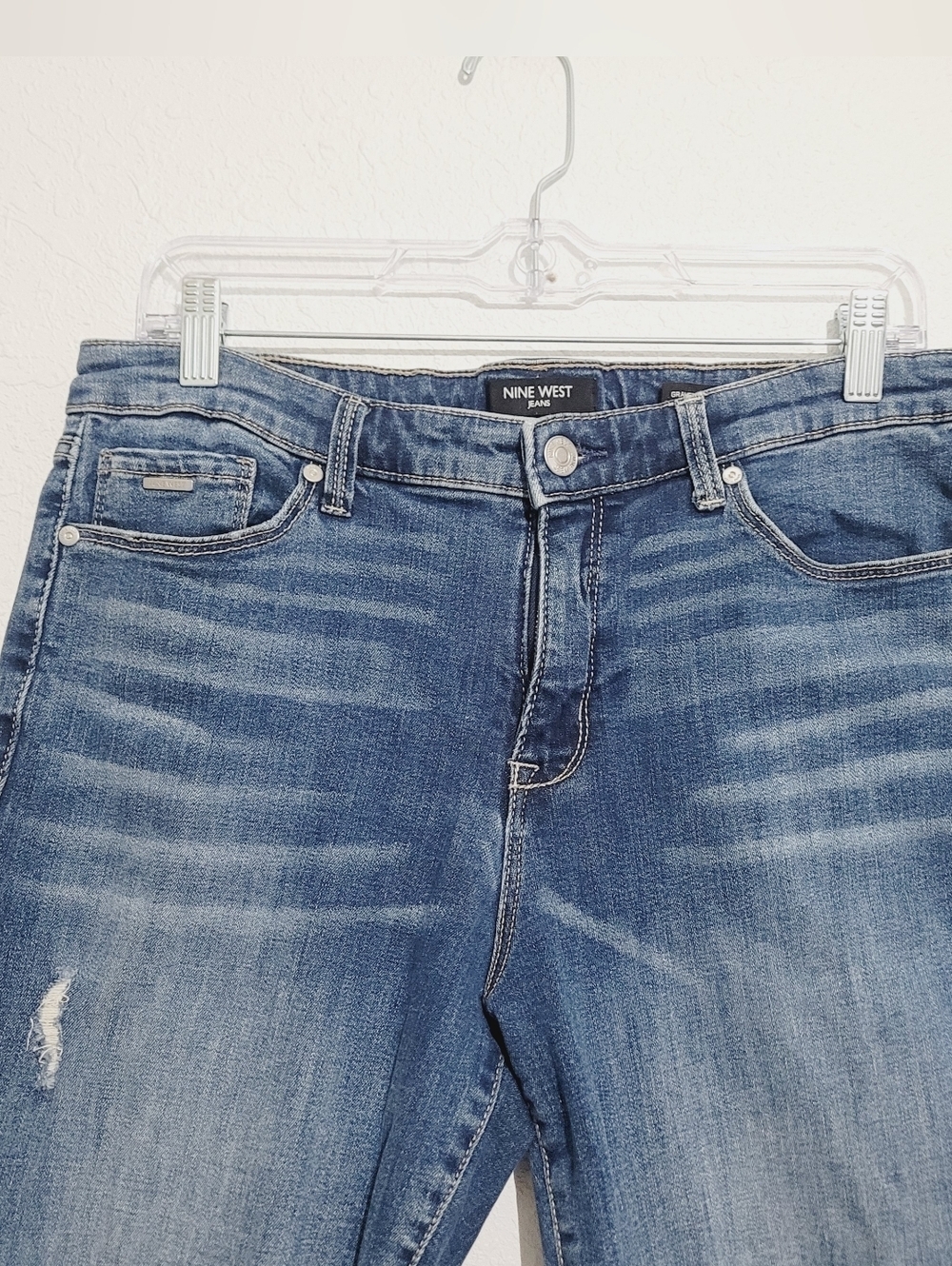 Nine West Gramercy Skinny Jeans Womens Size 12 Distressed Stretch Blue Denim - Picture 3 of 15